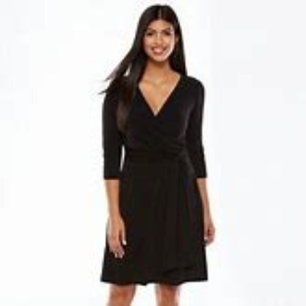 AB Studio Little black Cocktail Dress Faux-Wrap Stretch slinky  Size Med